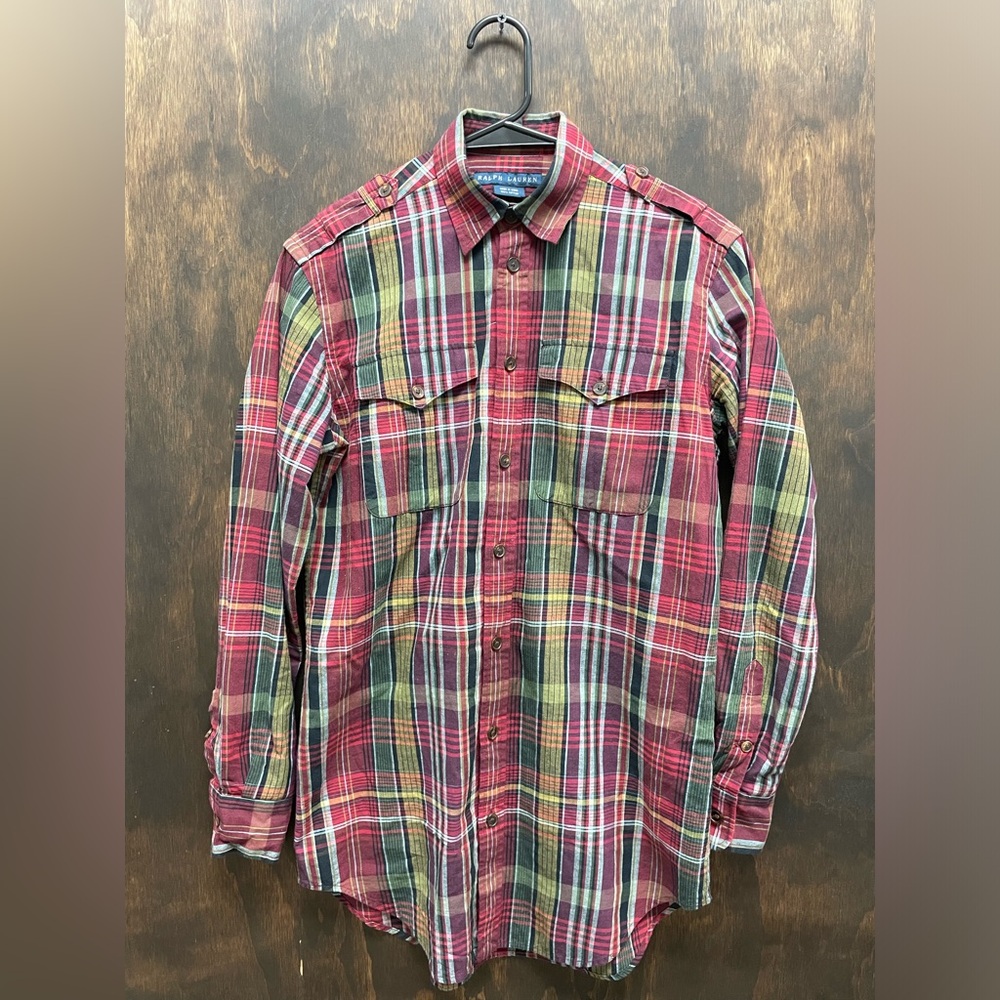 RALPH LAUREN Vintage Cotton Plaid Patch Pocket Field Shirt in Red (Multi) Size 4